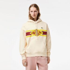 LACOSTE Mens Hoodie Small Cream Pullover Sweatshirt Logo Loose Fit Baggy $165